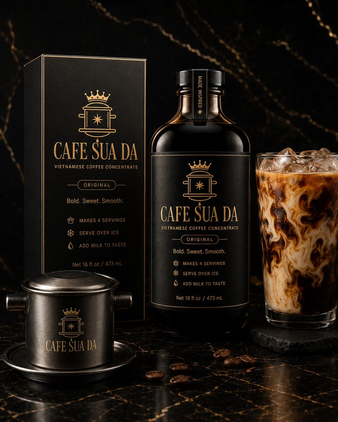 CAFE SUA DA bottle, box, iced coffee, and titanium phin concept